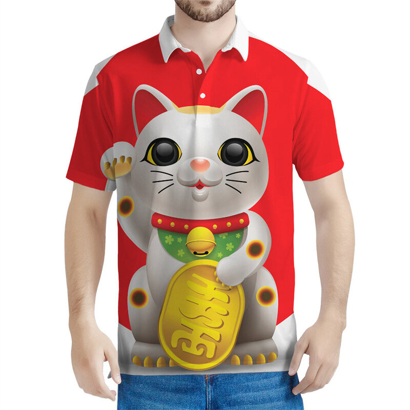 Polo con estampado de gato de la suerte para hombre y mujer, 3d Camiseta con estampado, Tops de calle de manga corta, Camiseta holgada informal de verano