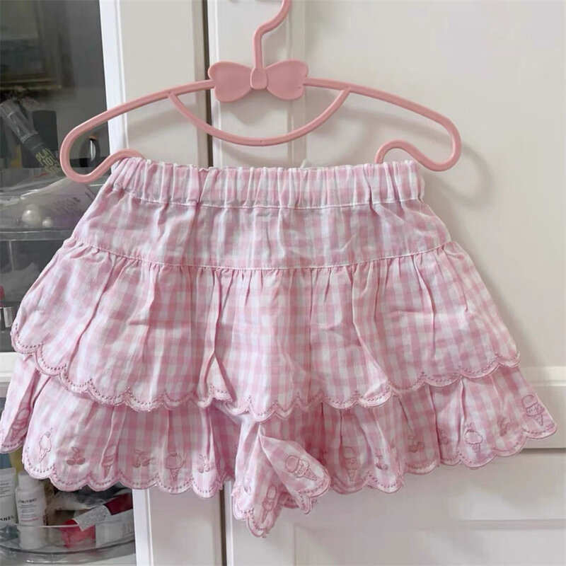 2024 Korean Style Pink Plaid Print Pleated Mini Skirt Sweet Kawaii A Line Patchwork High Waist School Girls Y2K Soft Girl Skirts