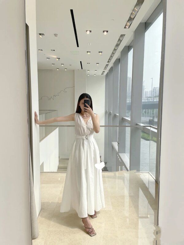 Vestido minimalista recortado exquisitamente, algodón, color sólido, Verano