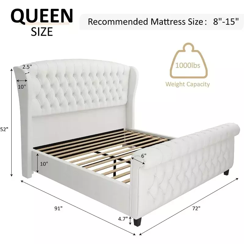 Queen Size Platform Bed Frame, Chenille Gestoffeerde Slee Bed Met Scroll Wingback Hoofdeinde & Treeplank/Knop Getuft