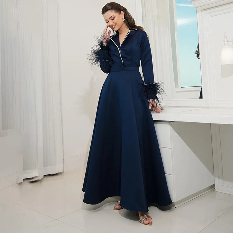 Navy Blue Prom Dress Women Party ear Long Sleeves Feather Formal Evening Gown Ankle Length Graduation Special events