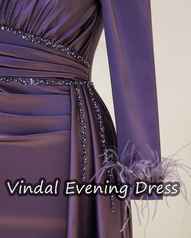 Vindal Ruffle sendok Necklin lantai panjang A-Line gaun malam elegan Built-in Bra Arab Saudi lengan panjang Satin untuk wanita