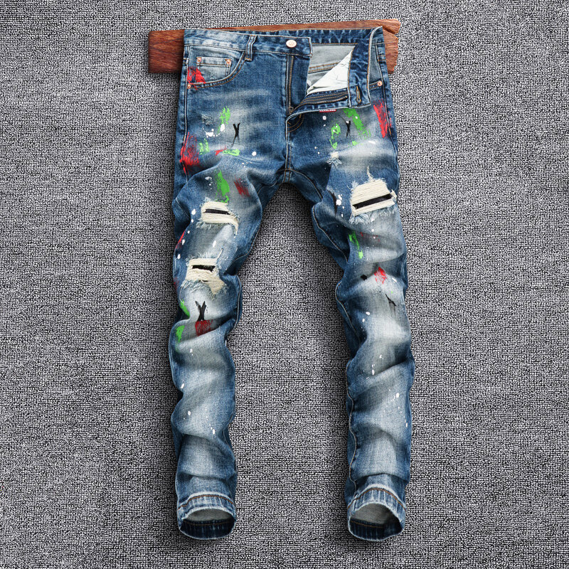 Модные мужские джинсы в уличном стиле, синие Эластичные зауженные рваные джинсы с рисунком в стиле ретро, мужские Стрейчевые брюки, джинсовые брюки в стиле хип-хоп