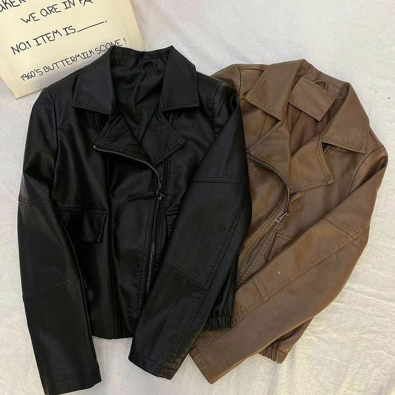 New Lapel Short Zipper Leather Jacket Womens Spring Windproof Motorcycle Coat Trend Loose Large Size Solid PU Jacket Outwear Top