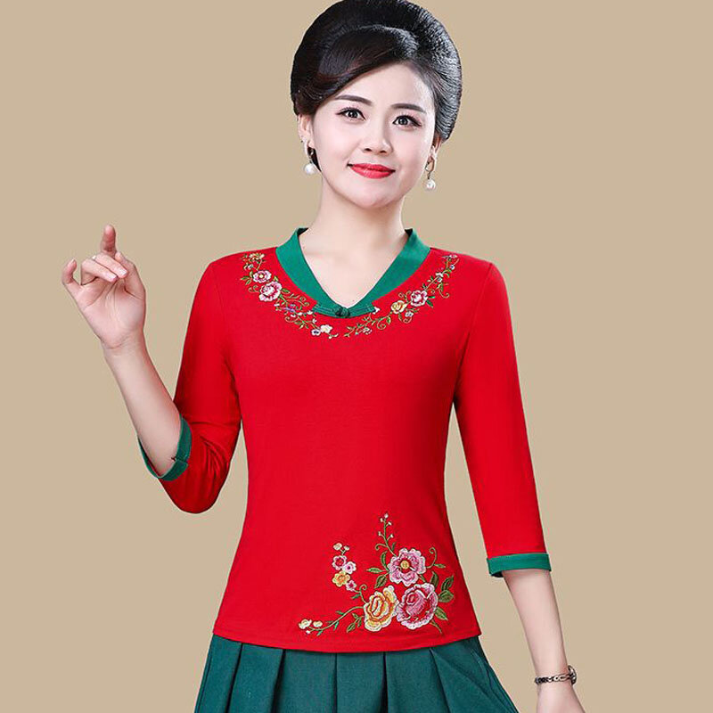 Cheongsam Womens Plus Size Tops 2024 Summer Cotton Embroidery Splicing V-Neck Tradition Chinese Style Dance Costume Shirts Woman