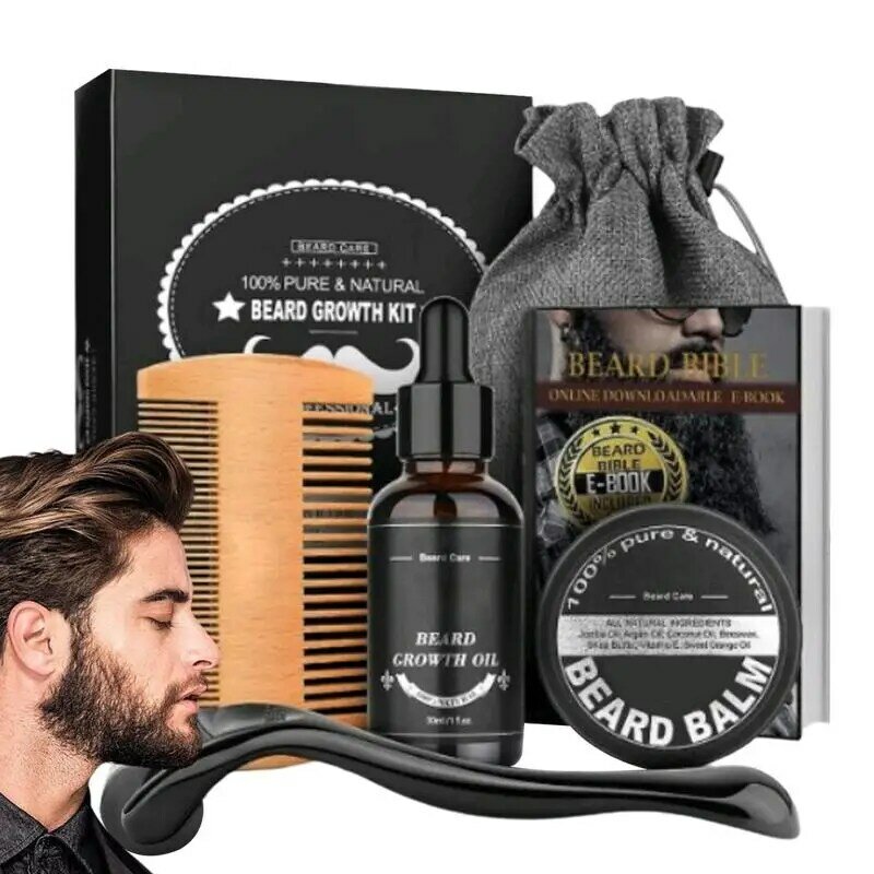 5 pezzi Kit per la crescita della barba uomo Barbe Hair Enhancerbeard Essentiall Oil cura della barba balsamo senza risciacquo, crema per barba pettine a doppia faccia