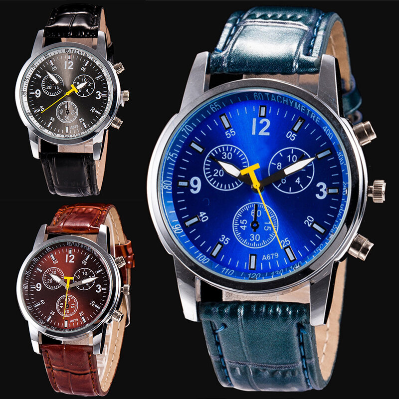 Men Analog Business Watch Leather Band Small Working Sub-dials Arabic Number Quartz Wristwatch