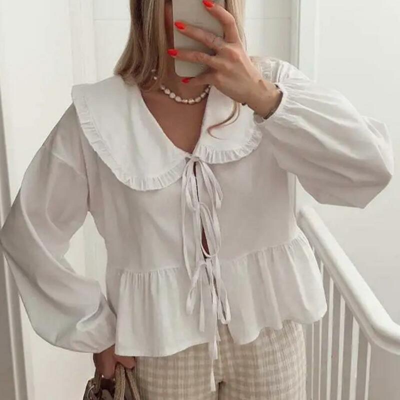 Camisa de lanterna de lapela manga longa feminina, fechamento elegante com cordões, bainha plissada, ajuste solto, roupa casual, blusa de verão