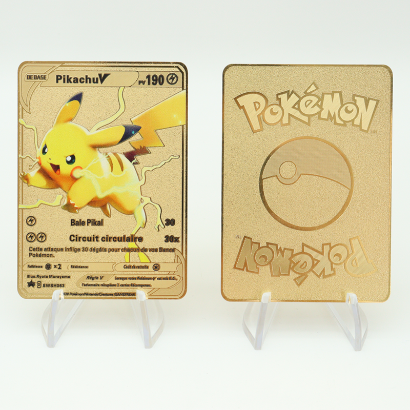 13 buah kartu logam emas Prancis Pokemon, hadiah terbaik anak-anak, kartu koleksi permainan Pikachu Charizard Blastoise Arceus Vmax Mega GX