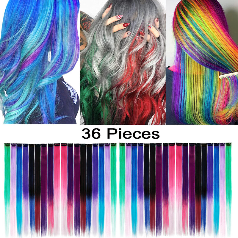 Блестящие цветные заколки для наращивания волос, 22 дюйма, прямые радужные аксессуары для волос, цельнокроеные шиньоны