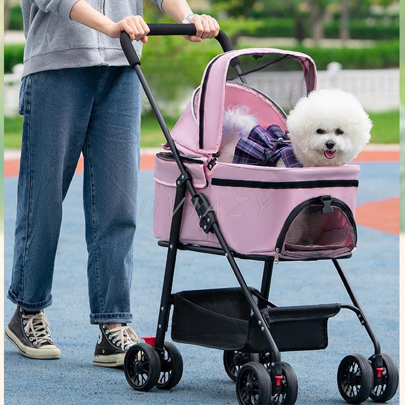 Dog Pet Stroller Detachable Medium Small Dogs Cats Storage Basket 4 Wheels Rear Brake Portable Folding Travel Puppy Cart Carrier
