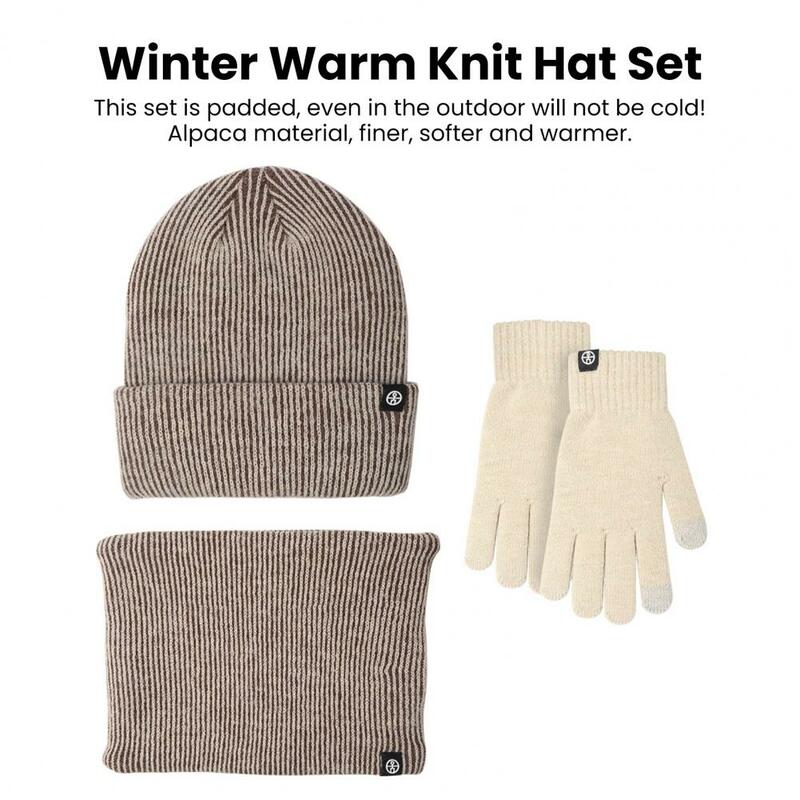 Set topi bulu syal sarung tangan, 3 potong topi musim dingin untuk uniseks warna Solid bergaris tebal hangat elastis Anti selip leher