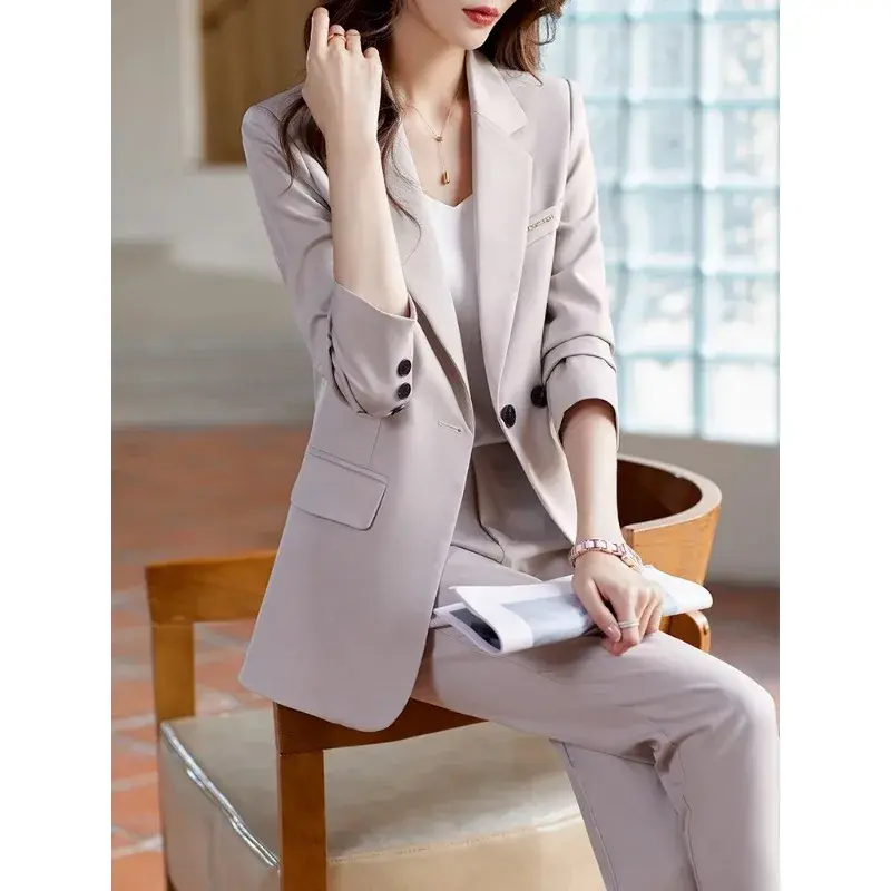 여성용 비즈니스 작업복 재킷 블레이저 바지 2 종 세트, 패션 블루 블랙 살구색, 여성용 바지 세트, 가을 겨울