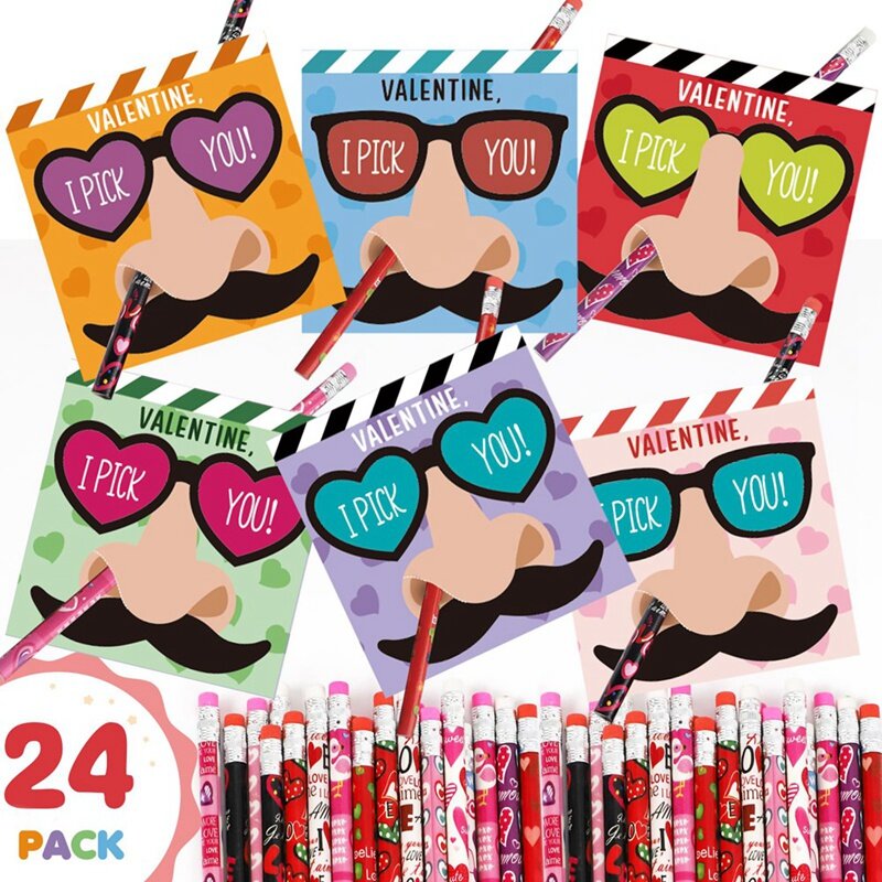Funny Nose Picking Valentines Day Gifts Set For Kids - 24 Valentines Day Cards & 24 Pencils Set - I Pick You Mustache Glasses