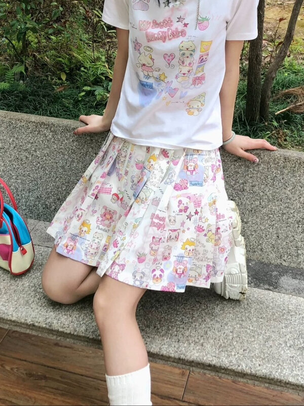 HOUZHOU Y2k Harajuku Streetwear Skirt Women Japanese Fashion Kawaii Sweet Cute Cartoon Print Pleated Skirt Soft Girl Summer 2024