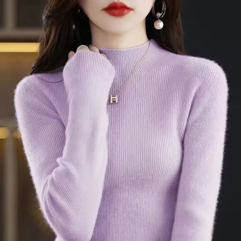 2023 damski sweter jesienny z golfem z długim rękawem, wąski, elastyczny koreański prosty, tani sweter jednolita dzianina
