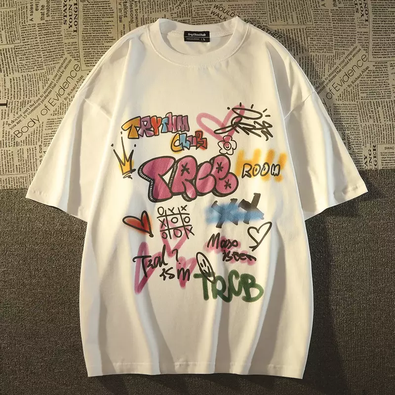 Camiseta de manga corta con estampado de Graffiti vintage americano para hombres y mujeres, ropa gótica coreana holgada de gran tamaño, top y2k, Verano