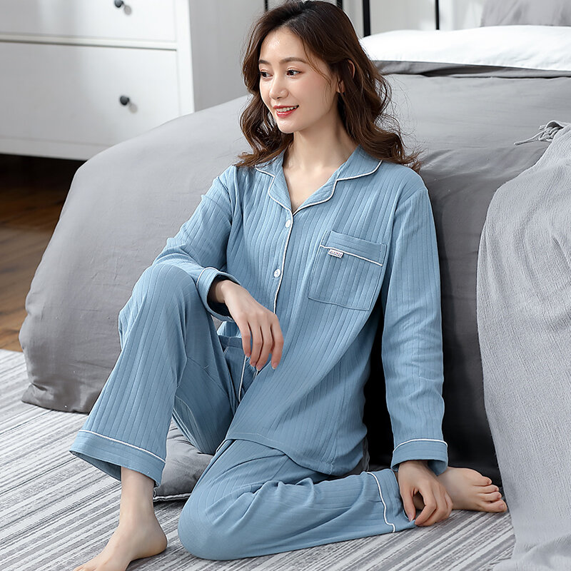 Новейший женский пижамный комплект на весну и осень, одежда для сна с отложным воротником и длинным рукавом, женская пижама