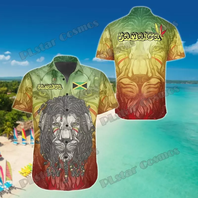 Plstar kosmos jamaica löwe wappen hawaii muster 3d gedruckt herren hawaiian hemd sommer unisex lässig strand hemd dxs09