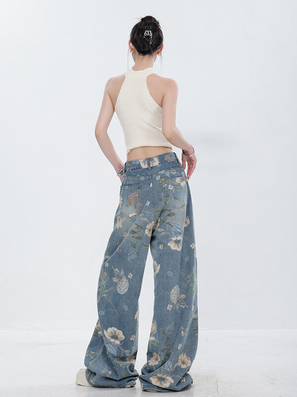 Fashion Printed Jeans 2024 Retro Floral Denim Mopping Trousers Korean Style High Street Loose Hip Hop Wide-leg Jean Pants