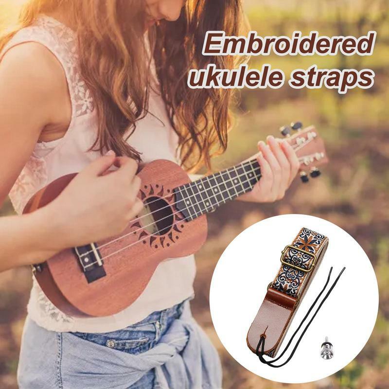 Haftowany pasek gitarowy regulowany pasek na ramię w stylu Vintage Ukulele regulowany i uniwersalny wyszukana kwiatowa wzory