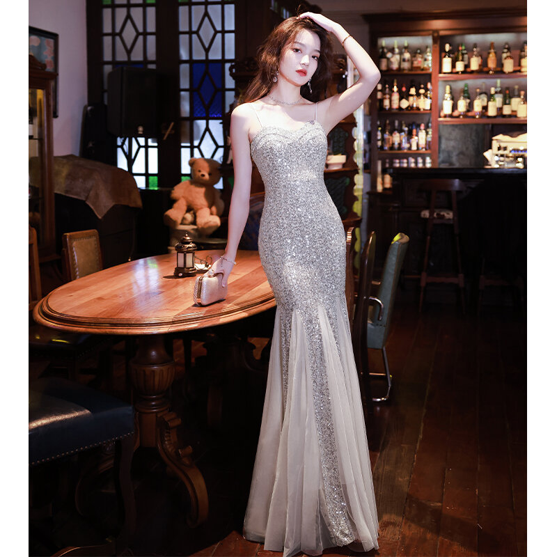 Robe de Cocktail Longue et Élégante avec Bretelles, Vêtement de Fiançailles, de Luxe, Slim et Sexy, Nouveau Modèle, 2024