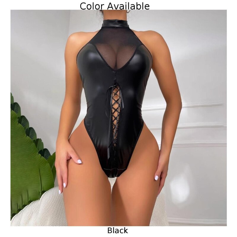 Sexy Dessous Pu Leder Schnürung Bodysuit Frauen rücken frei transparent schwarz Roll kragen Nachtwäsche Clubwear Bodys Kleidung