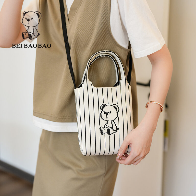 Beibaobao-bolsa tiracolo feminina de ombro único, bolsa de lona dos desenhos animados, bolsa para telefone de ursinho, moda casual, nova, 2024