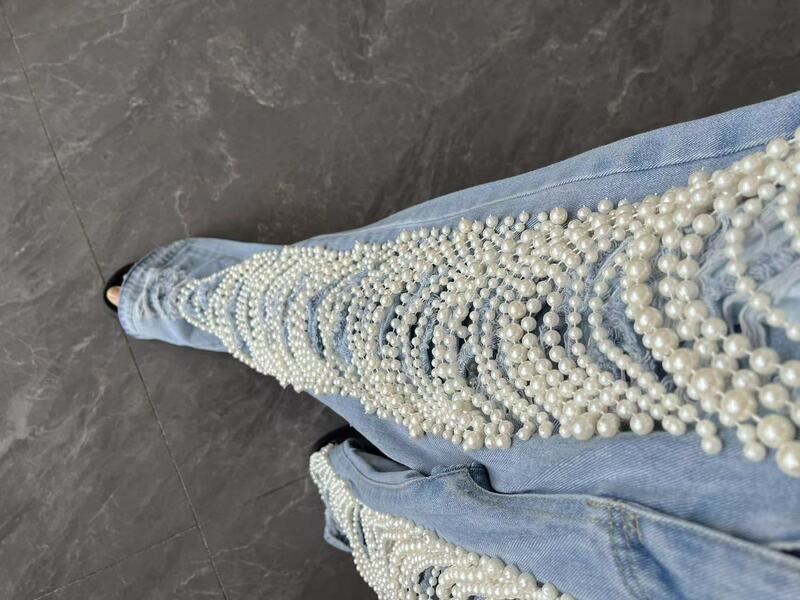 Прямые пляжные женские джинсы с дырками, жемчужинами, бриллиантами, Rhinstones, однотонные модные хлопковые уличные джинсовые брюки с высокой талией