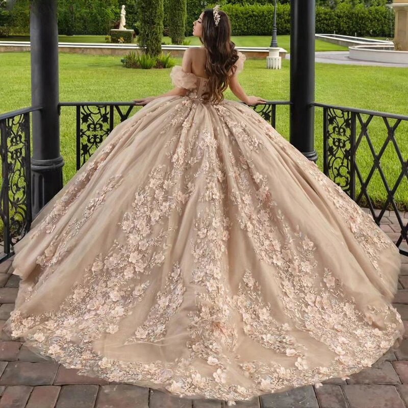 Abnehmbare Ärmel Quince anrra Ballkleider Vintage Applikationen 3d Blume Prinzessin lange Glitzer Luxus süße 16 Kleid Vestidos