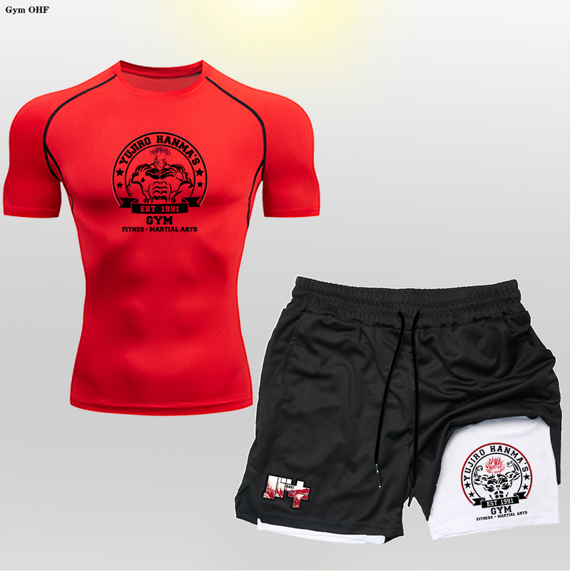 Camiseta de compressão e shorts para homens, roupas de treinamento de ginástica fitness, conjuntos esportivos de corrida, anime 2 em 1