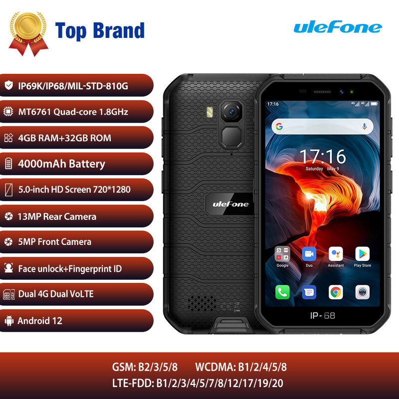 UleFone-Smartphone Armor X7 Pro, wytrzymały, wodoodporny telefon komórkowy, 4GB RAM, IP 68, NFC, 4G/LTE/2.4G/5G, WLAN