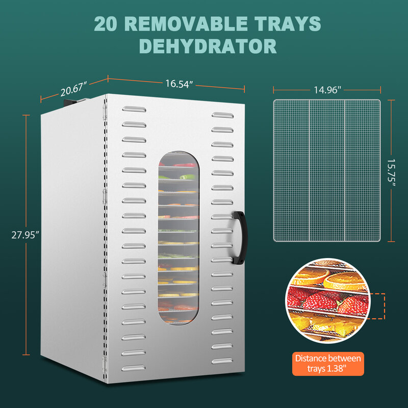 20 Trays Food Dehydrator Stainless Steel Commercial Dehydrators Dryer for Fruit, Meat, Beef, Jerky, Herbs with Adjustable Timer
