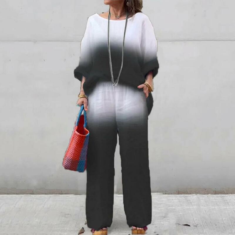 Setelan celana pinggang elastis wanita, atasan celana Set gradien warna kontras dengan celana panjang kaki lebar ukuran besar untuk harian