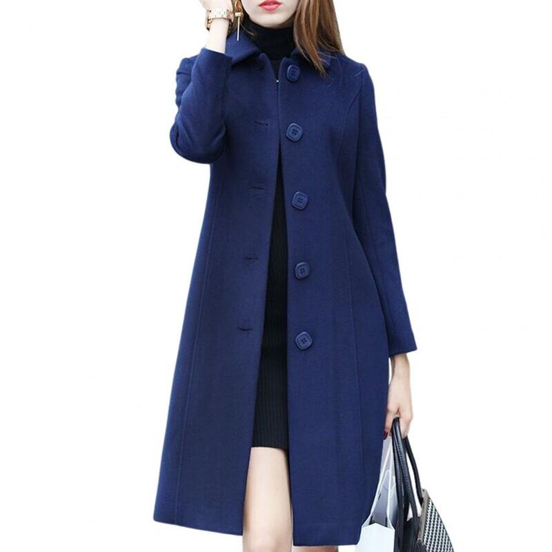 Winter Coat Women Jacket Mid-Length Single-Breasted Solid Color Turn-down Collar Elegant Cardigan Warm Lapel Winter Jacket