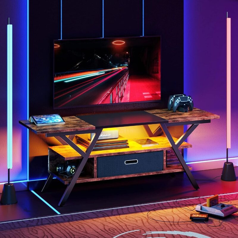 Industrial Rústico Gaming TV Stand com Luzes LED, 55 "Entertainment Center para Quarto, 20 Modos Console