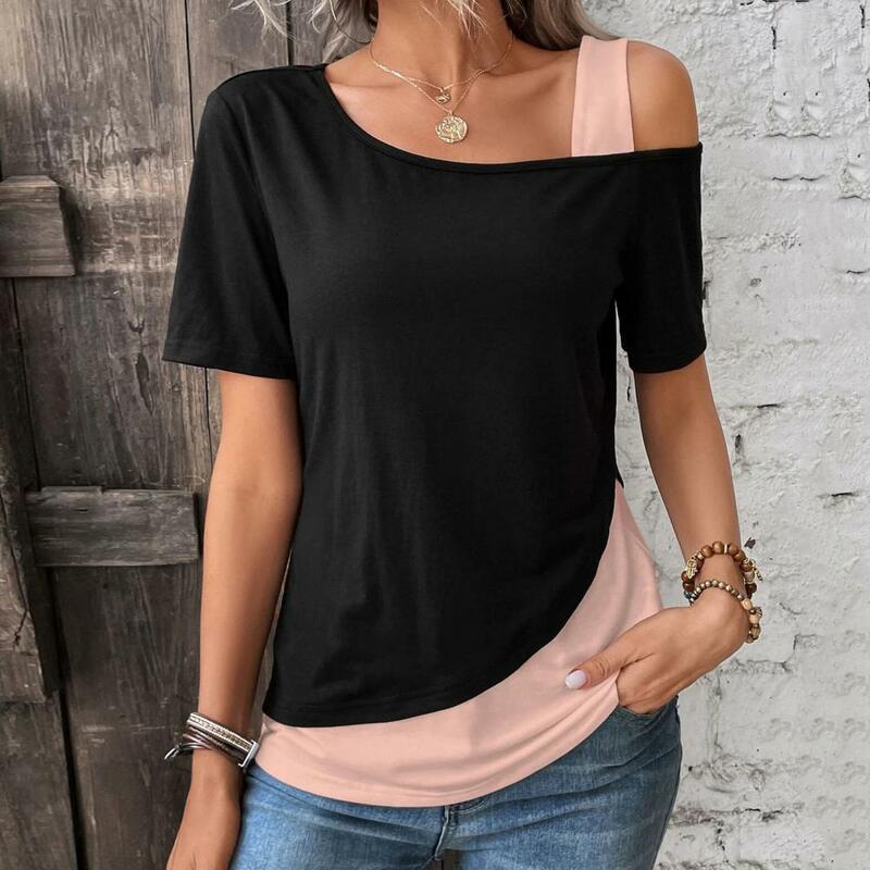 Women Off-shoulder Top Stylish Off-shoulder Skew Collar Tee Tops for Women Streetwear Fashion with Patchwork Color Loose Fit