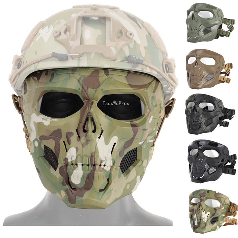 Respirável Tactical Full Face Skull Mask, Caça e Proteção Tiro, Multicam CS Combat Cosplay, Halloween Props, Máscaras faciais