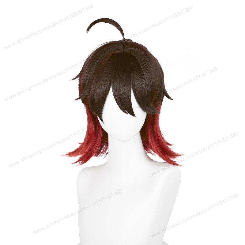 Wig Cosplay Gaming 35cm, Wig pendek dengan ekor kuda rambut coklat Anime Wig sintetis tahan panas