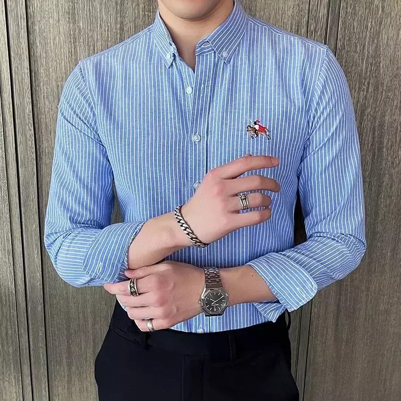 Camisa Oxford masculina de manga comprida, casual listrada slim fit, vestido formal de negócio, alta qualidade, moda