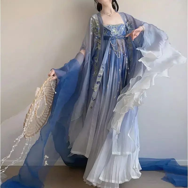 Chinese Hanfu Jurk Vrouwen Halloween Carnaval Cosplay Kostuum Tang Dynastie Borduurwerk Gradiënt Blauw Hanfu Kostuum Plus Size Xl