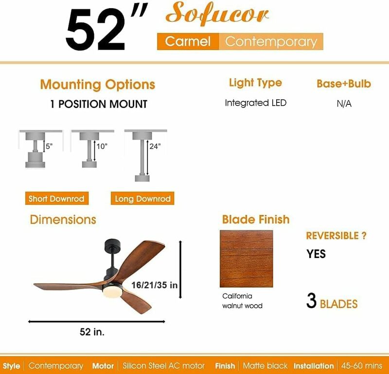 Sofucor 52" Ceiling Fan with Lights Remote Control, 3 Poles for Indoor Outdoor Ceiling Fan with Remote, Reversible Noiseless