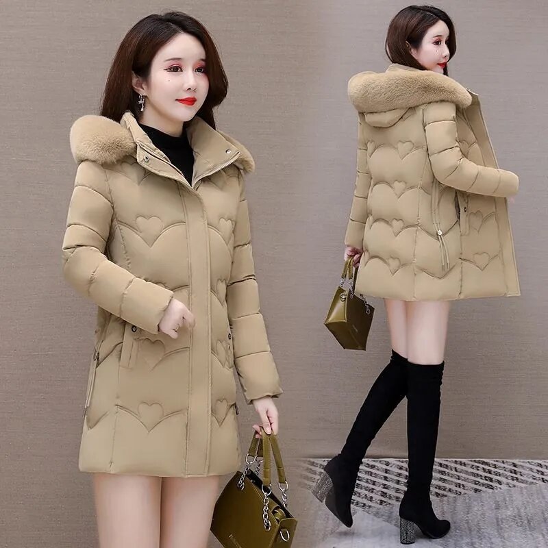 2023 Winter New Women Hooded Jacket Parka Big Fur Collar Thick Warm Female Overcoat Casual Outwear Down Cotton Jacket Parkas