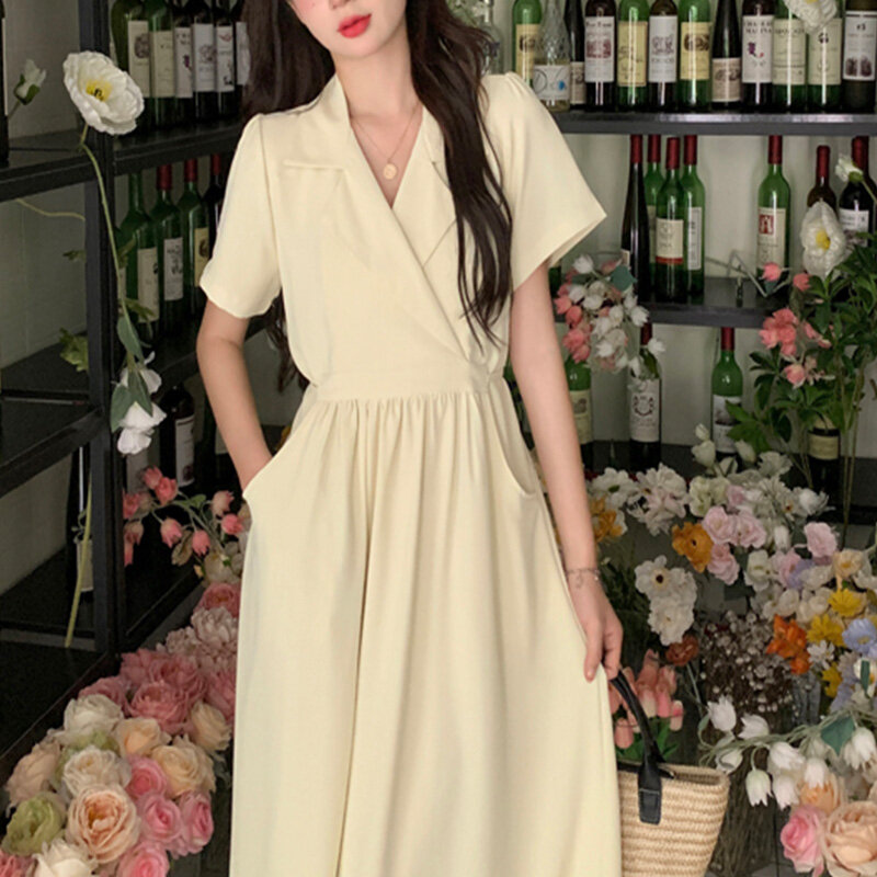 Женское офисное платье в китайском стиле, свободное асимметричное однотонное платье в богемном стиле с V-образным вырезом и коротким рукавом, Новинка лета 2024