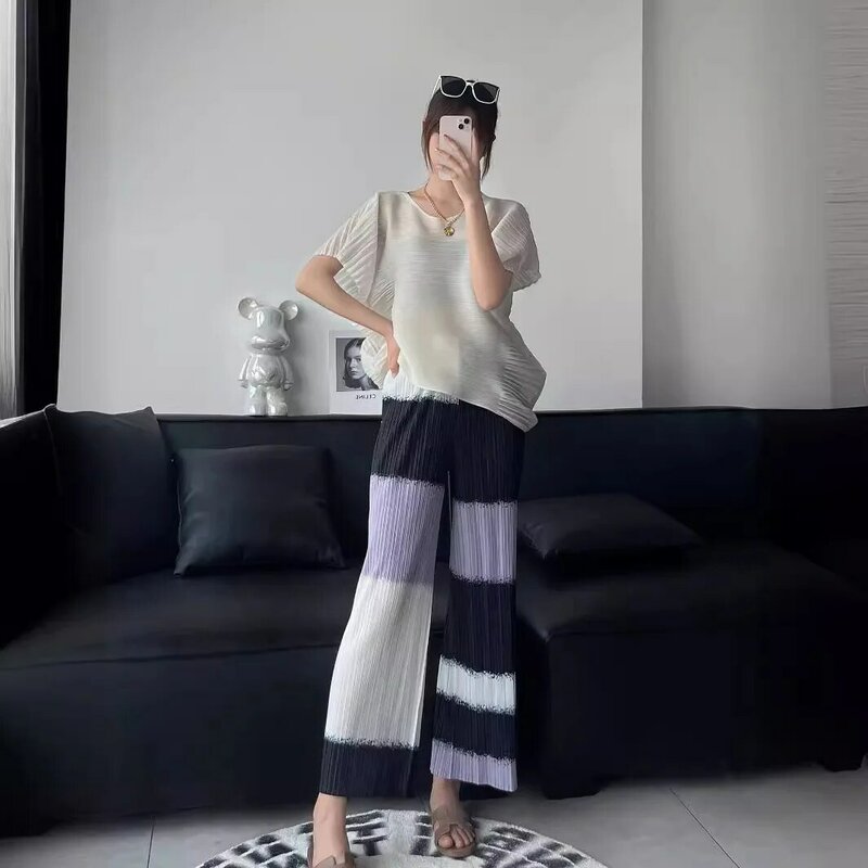 Miyake-Pantalones informales plisados con diseño de bloqueo de Color para mujer, pantalón holgado y delgado de nueve minutos, moda de verano, 2024