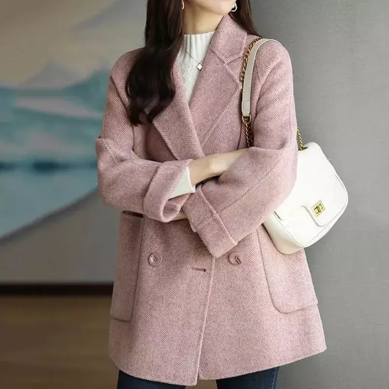 Mantel wol panjang sedang untuk wanita, mantel hangat tebal musim gugur dan musim dingin longgar bahan wol tipis ukuran besar, mantel jaket wanita