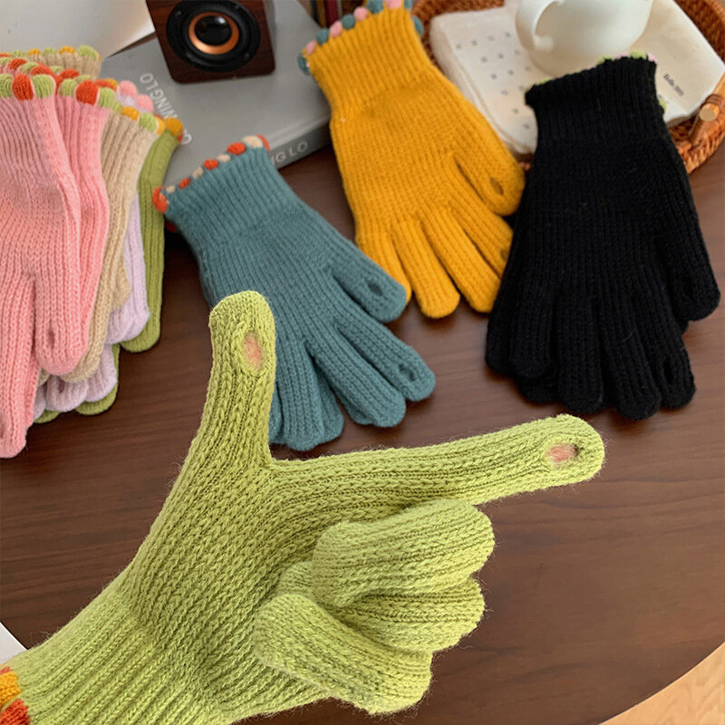 1Pair Padded Gloves Kawaii Winter Warm Padded Students Riding Touchscreen Full Finger Gloves