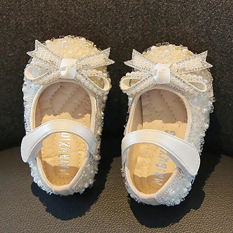Chaussures de princesse à nœud papillon pour bébé fille, chaussures de mariage pour enfants, cadeau d'anniversaire, perle, premier marcheur, petite fille