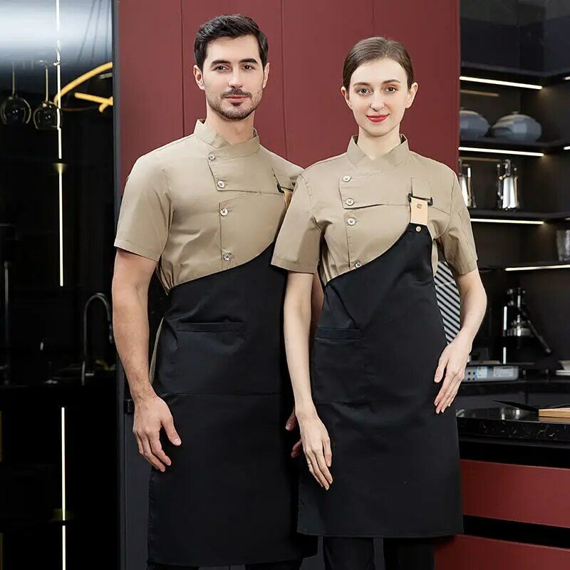 Mężczyźni szary fartuch szefa kuchni Logo koszula szefa z krótkim rękawem fartuch na lato szef kuchni jednolita restauracja Hotel kuchnia gotowanie ubrania