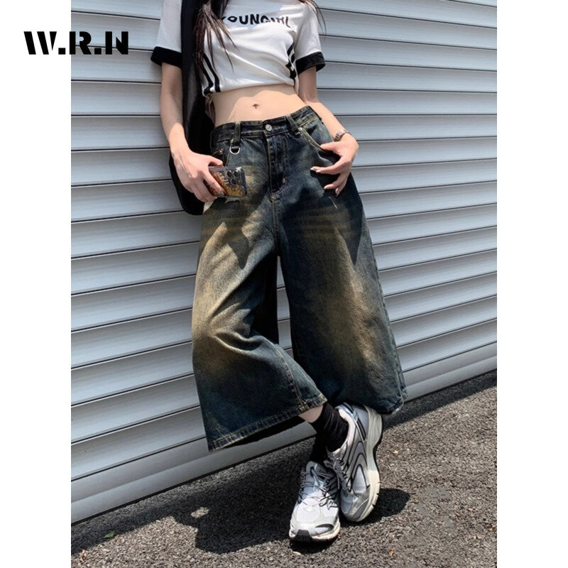 Amerykańska moda Vintage o średniej długości luźne jeansowe szorty z wysokim stanem damskie na co dzień 2000s Y2K szerokie nogawki Grunge luksusowy styl szorty